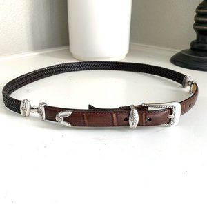Brighton Linked Woven and Embossed Brown Leather Belt Silver links and b…